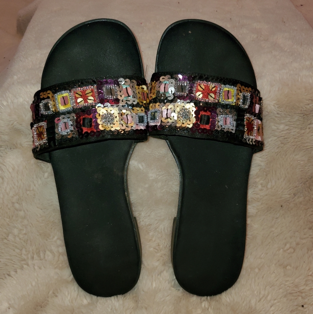 Bohemian Black Sandals with Colorful Sequins